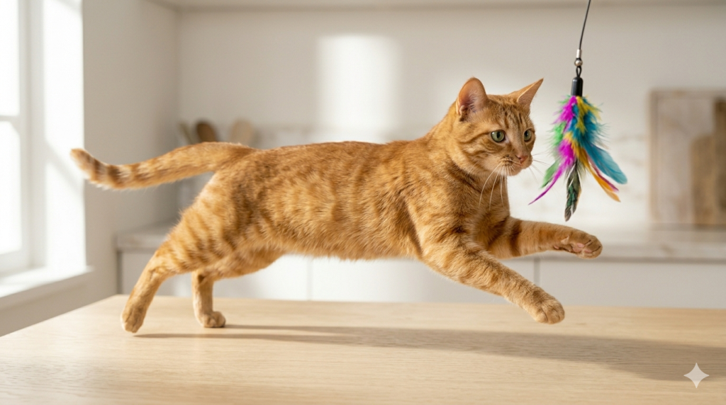 An energetic cat jumping for a toy, showing the health benefits of feeding the best natural cat food."