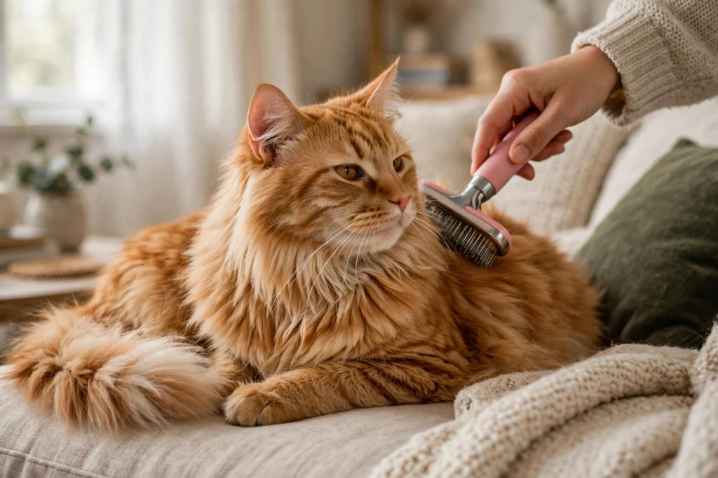 Long haired orange tabby cat being gently brushed with a slicker brush on a sofa
