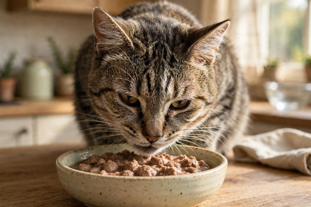 Senior tabby cat eating wet renal diet food from a ceramic bowl in a calm sunlit kitchen