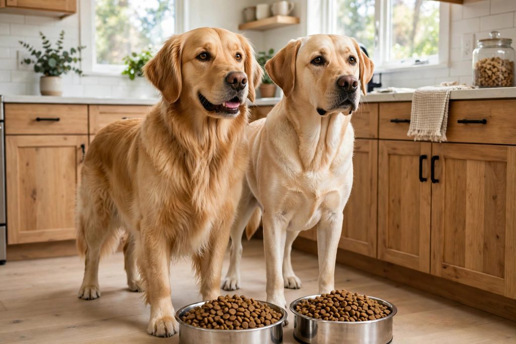 Golden retriever and Labrador standing by stainless steel food bowls of dry large breed kibble in a bright home kitchen