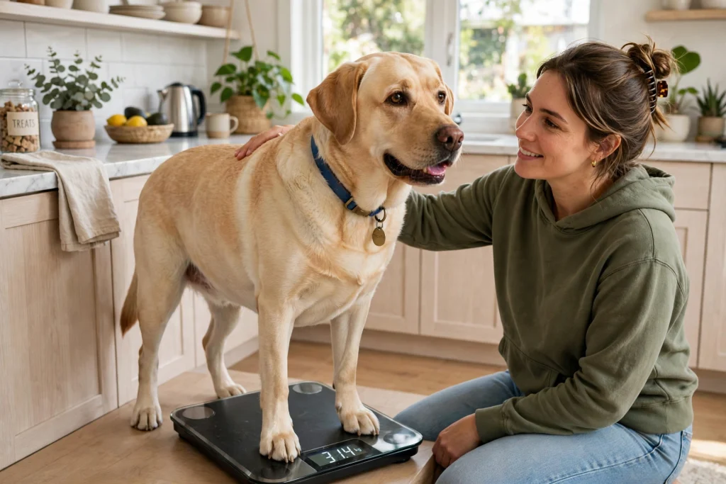 Overweight Labrador retriever standing on a digital scale while its owner kneels beside it in a home kitchen