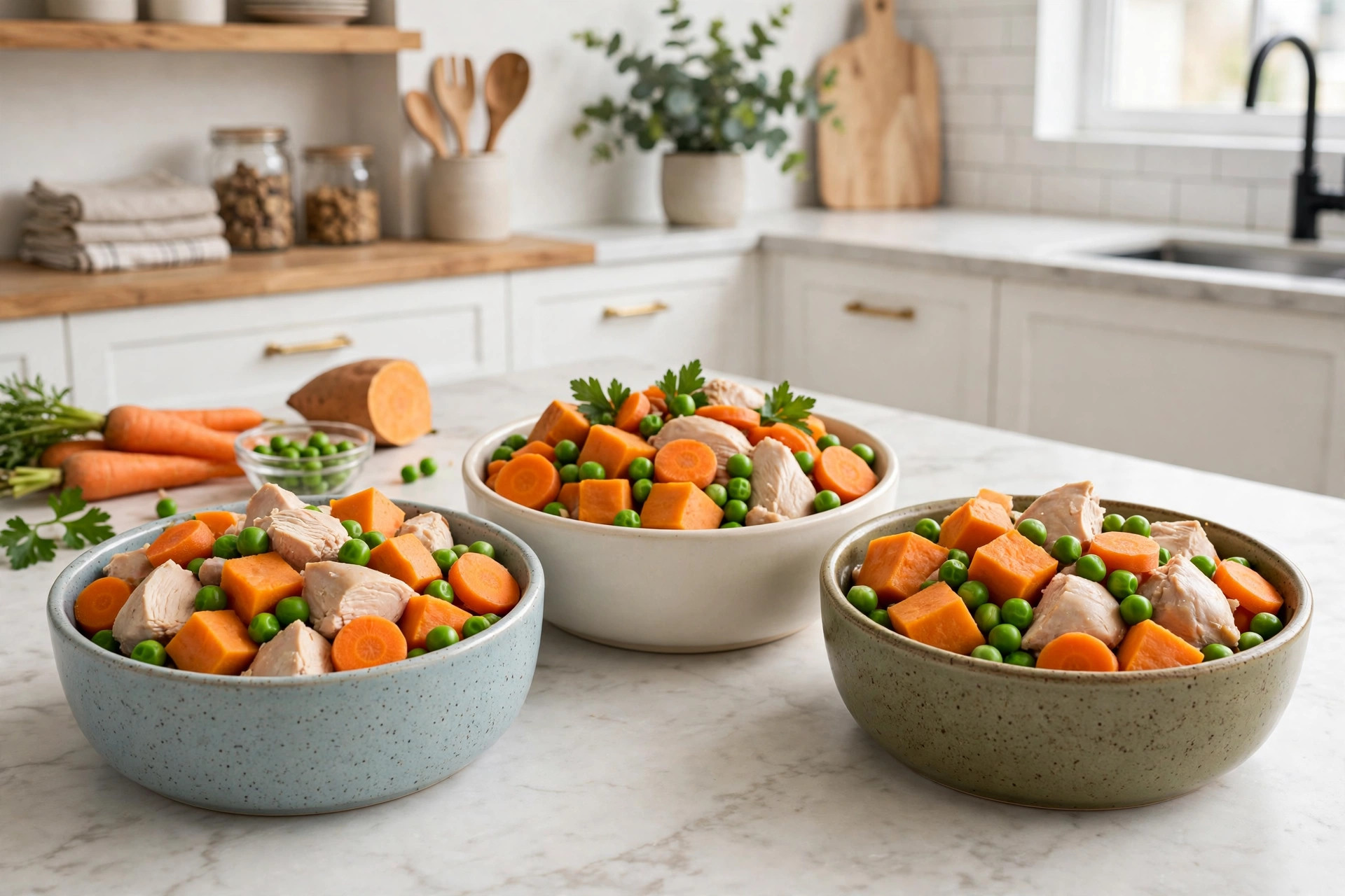 Fresh dog food bowls with visible whole ingredients including chicken, carrots, peas and sweet potato arranged in a bright modern kitchen