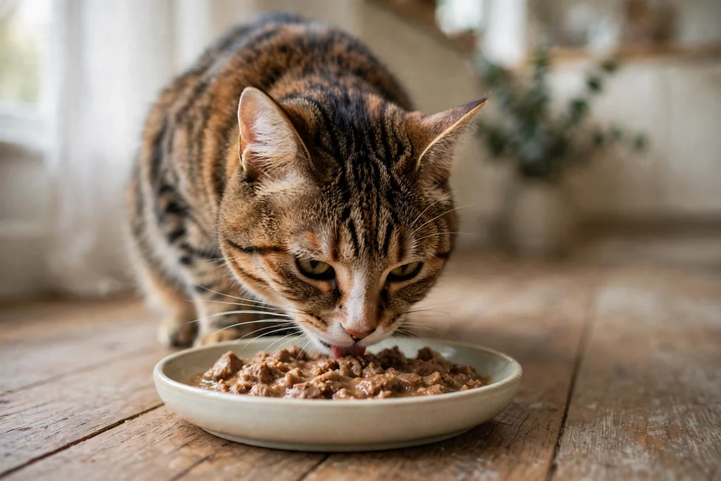 Tabby cat eating wet food from a shallow ceramic bowl on a kitchen floor
