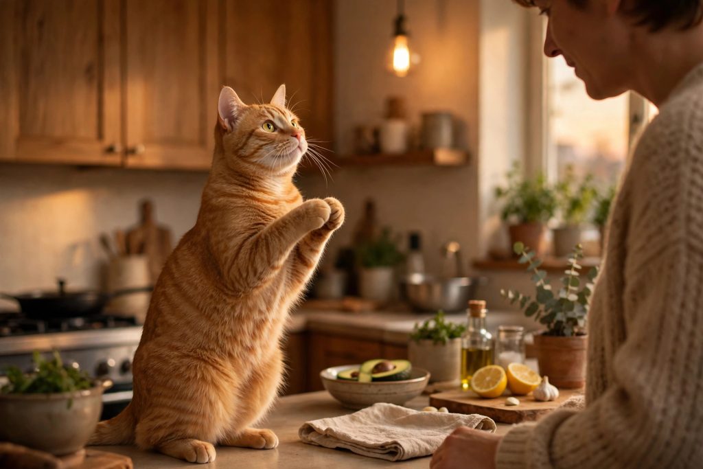 Orange tabby cat standing on its hind legs begging for food beside its owner in a warm home kitchen