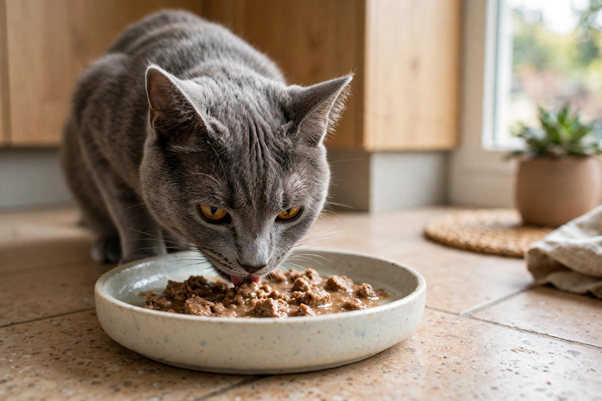 Gray shorthair cat eating wet food from a shallow bowl, hydration helps prevent hairballs