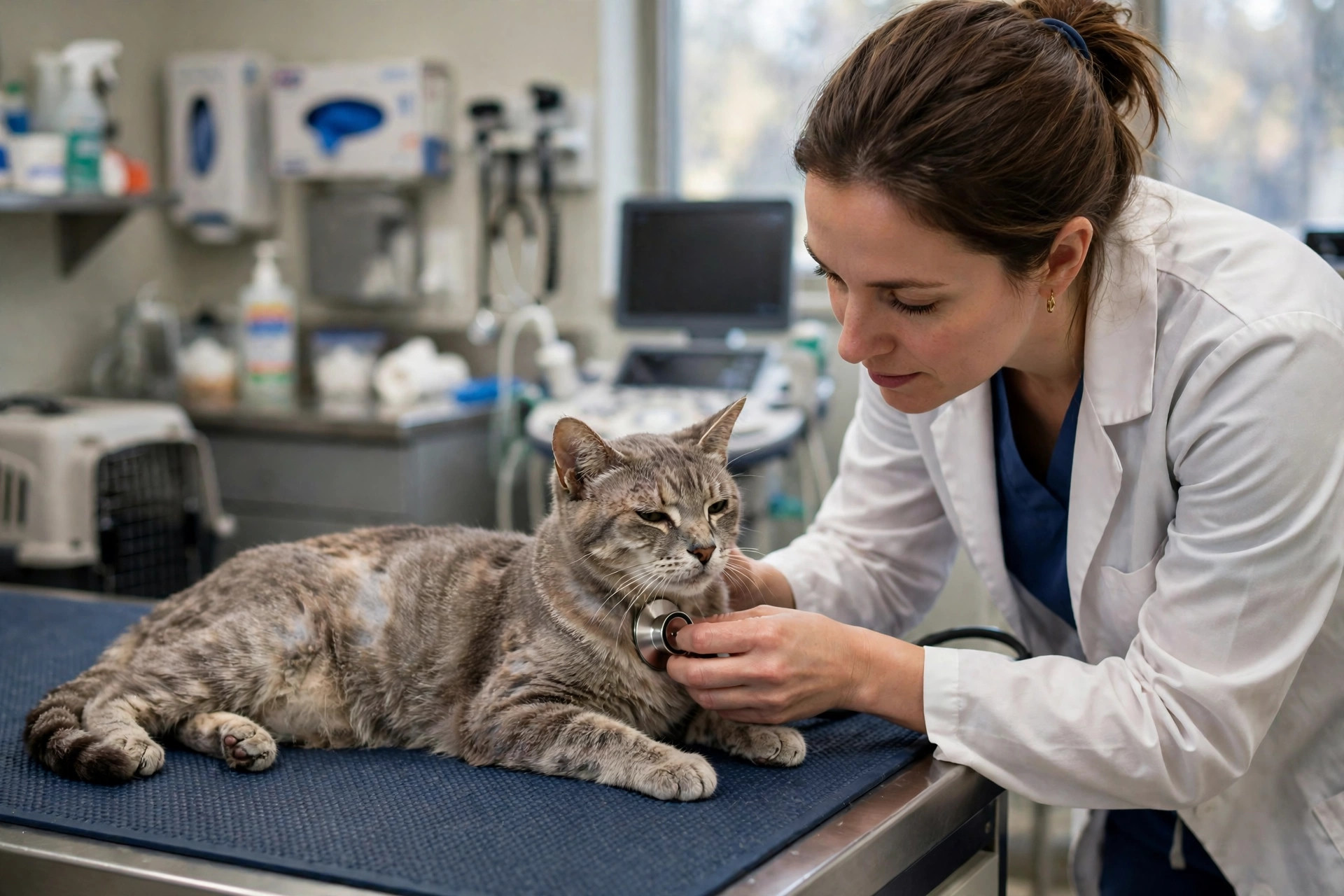 Veterinarian gently examining an older cat on an exam table during a kidney health checkup