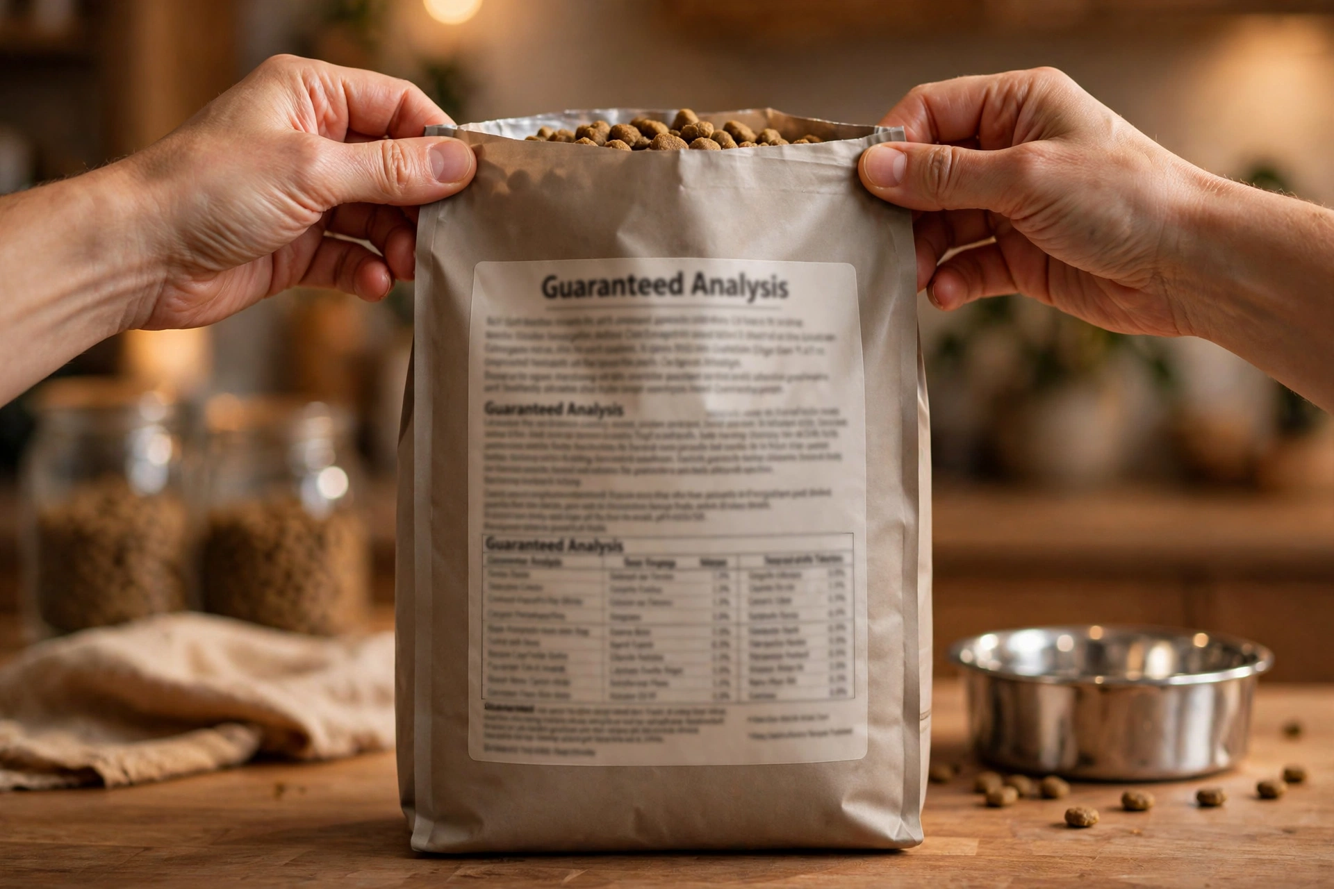 Close up of the guaranteed analysis table and ingredient list on the back of a dog food bag