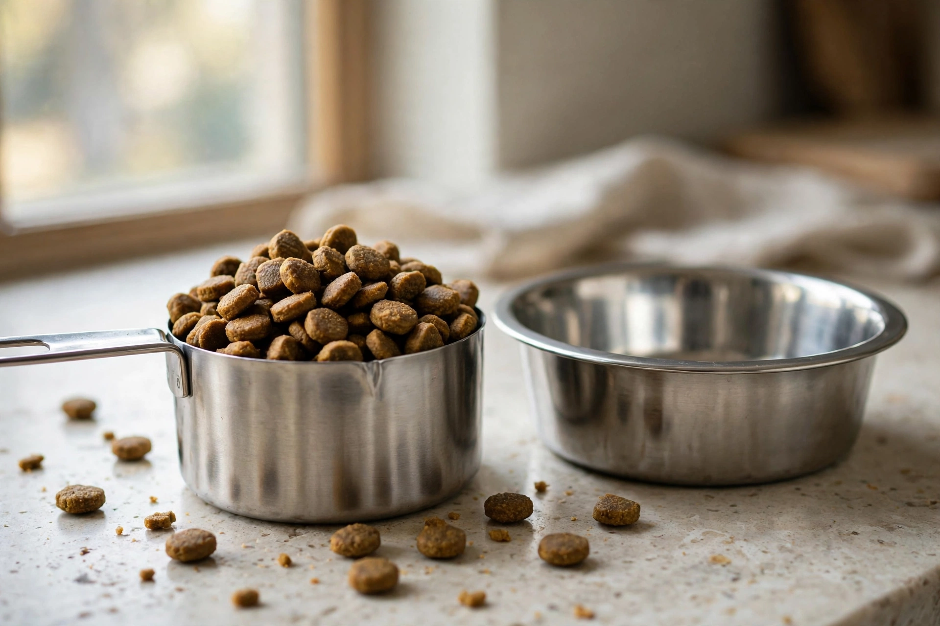 Metal measuring cup of dry dog food kibble next to a stainless steel bowl for portion control