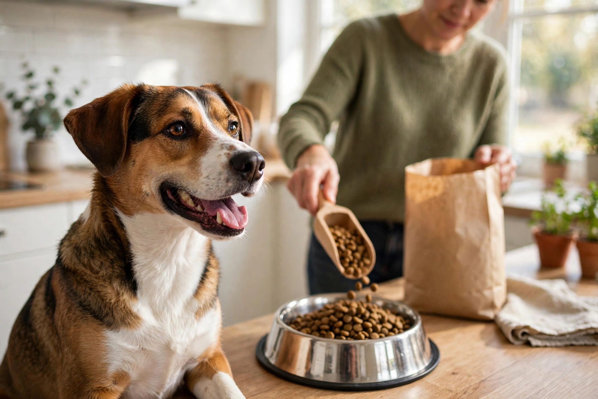 Dog waiting by its food bowl at home while its owner measures out kibble