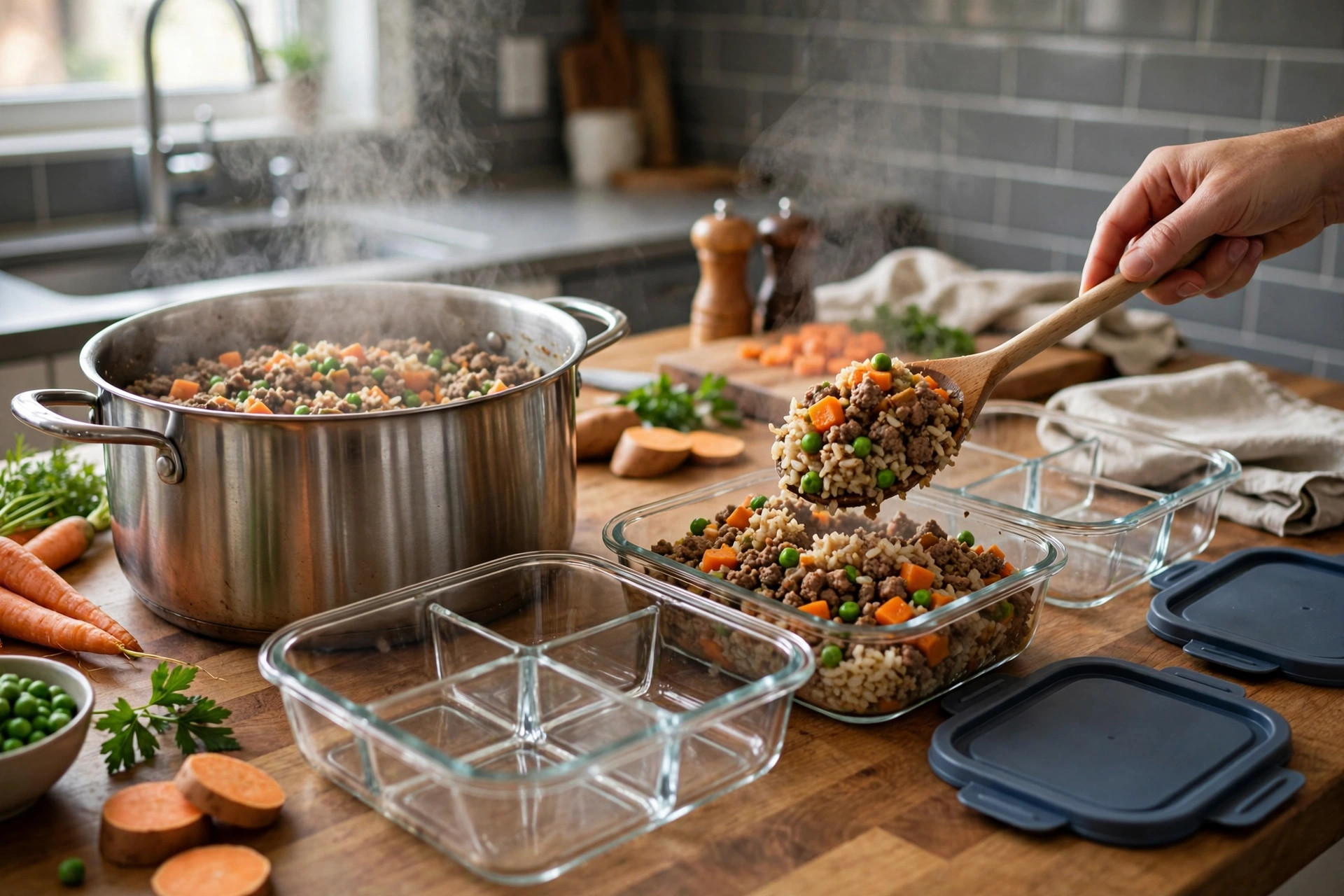 Freshly cooked homemade style dog food being portioned into reusable meal prep containers on a home kitchen counter