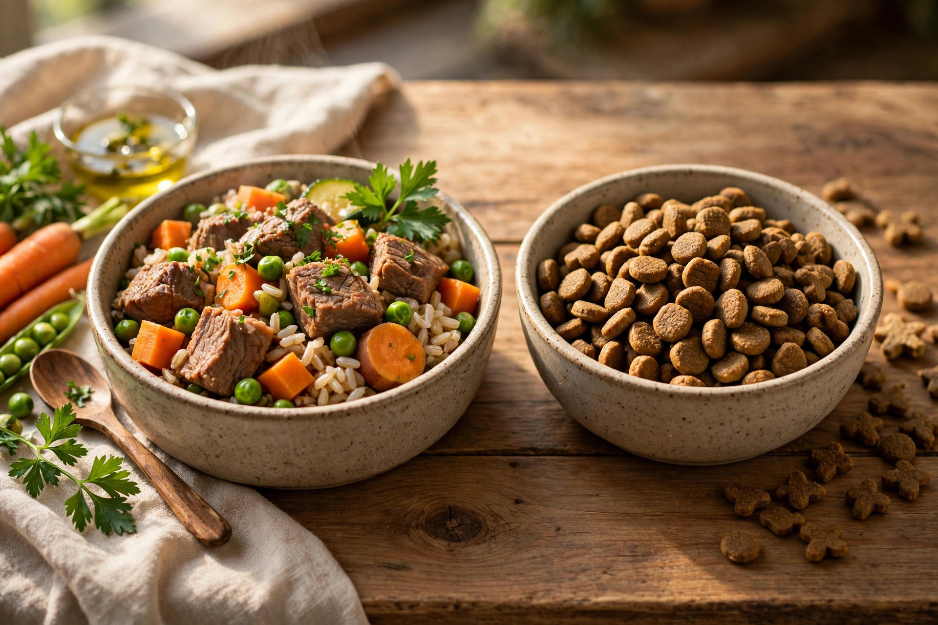 Portion of fresh cooked dog food beside a bowl of dry kibble illustrating the cost and diet difference between fresh food and kibble