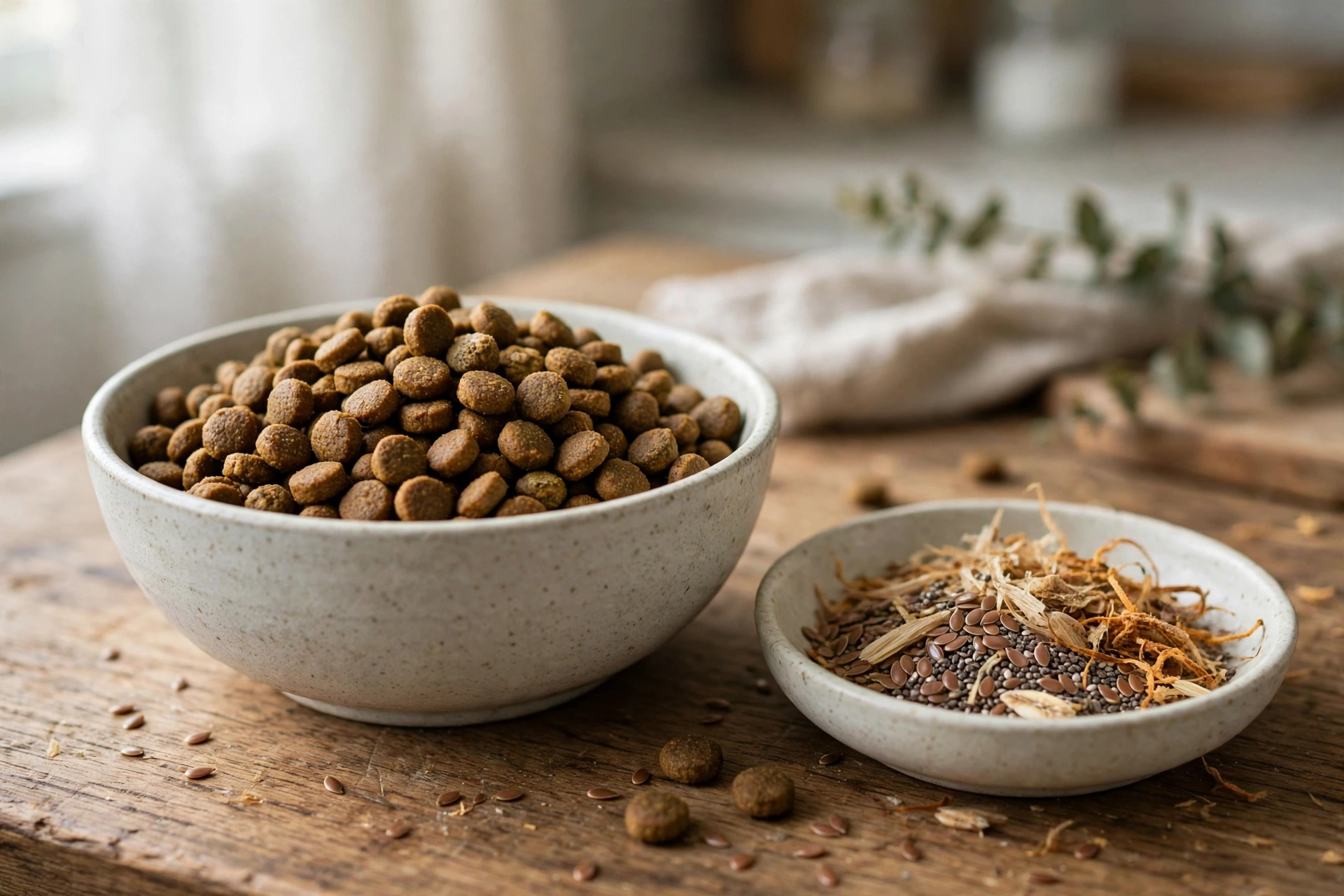 Ceramic bowl of hairball control dry cat food with natural fiber ingredients on a wooden table