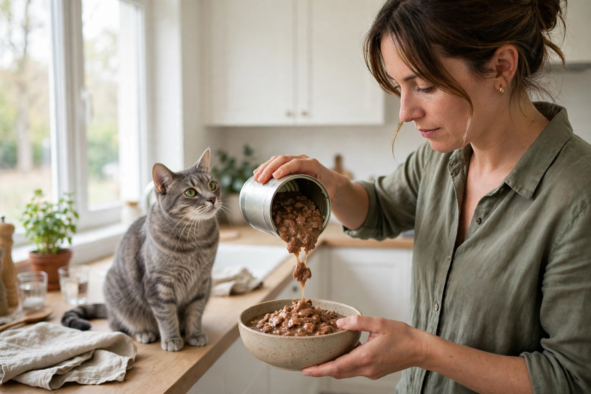 Cat owner serving wet food from a plain unmarked can into a bowl next to a waiting cat