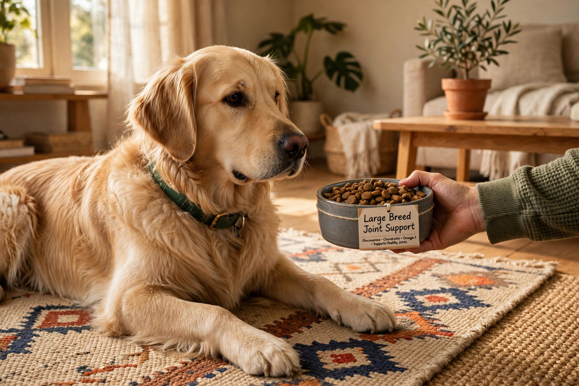 Large golden retriever dog lying on a rug while its owner holds a bowl of large breed dog food formulated with joint support