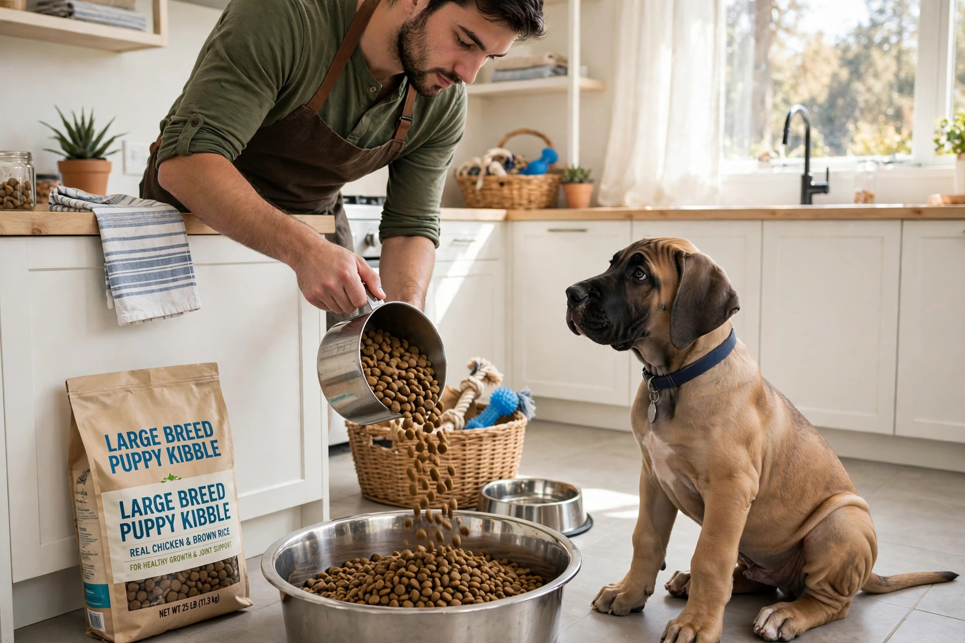 Person measuring large breed puppy kibble with a measuring cup over a large food bowl next to a giant breed puppy