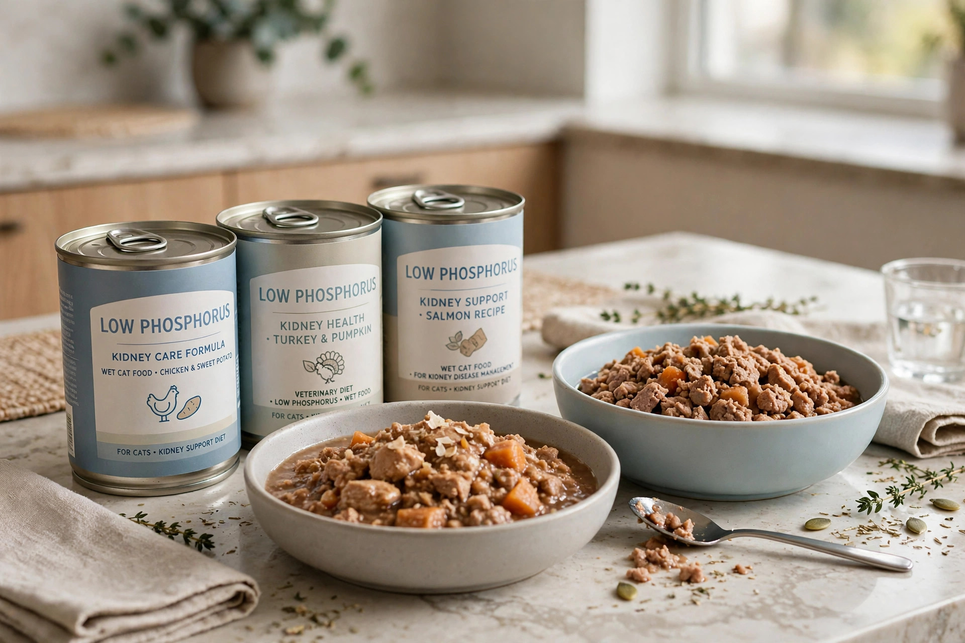 Cans and bowls of low phosphorus wet cat food suitable for kidney disease diets arranged on a kitchen counter