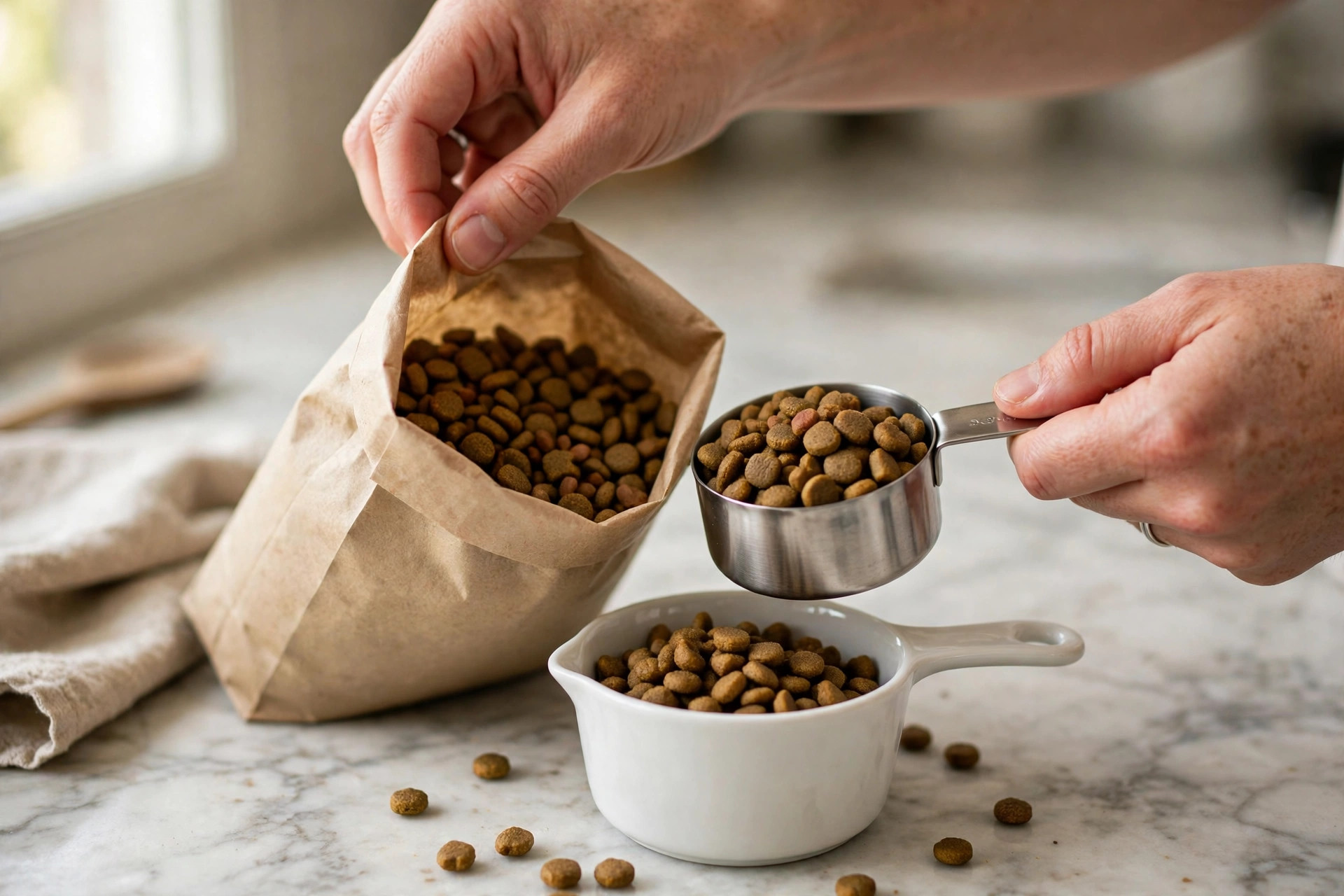 Hands measuring a cup of dry cat food on a kitchen counter to portion an accurate meal