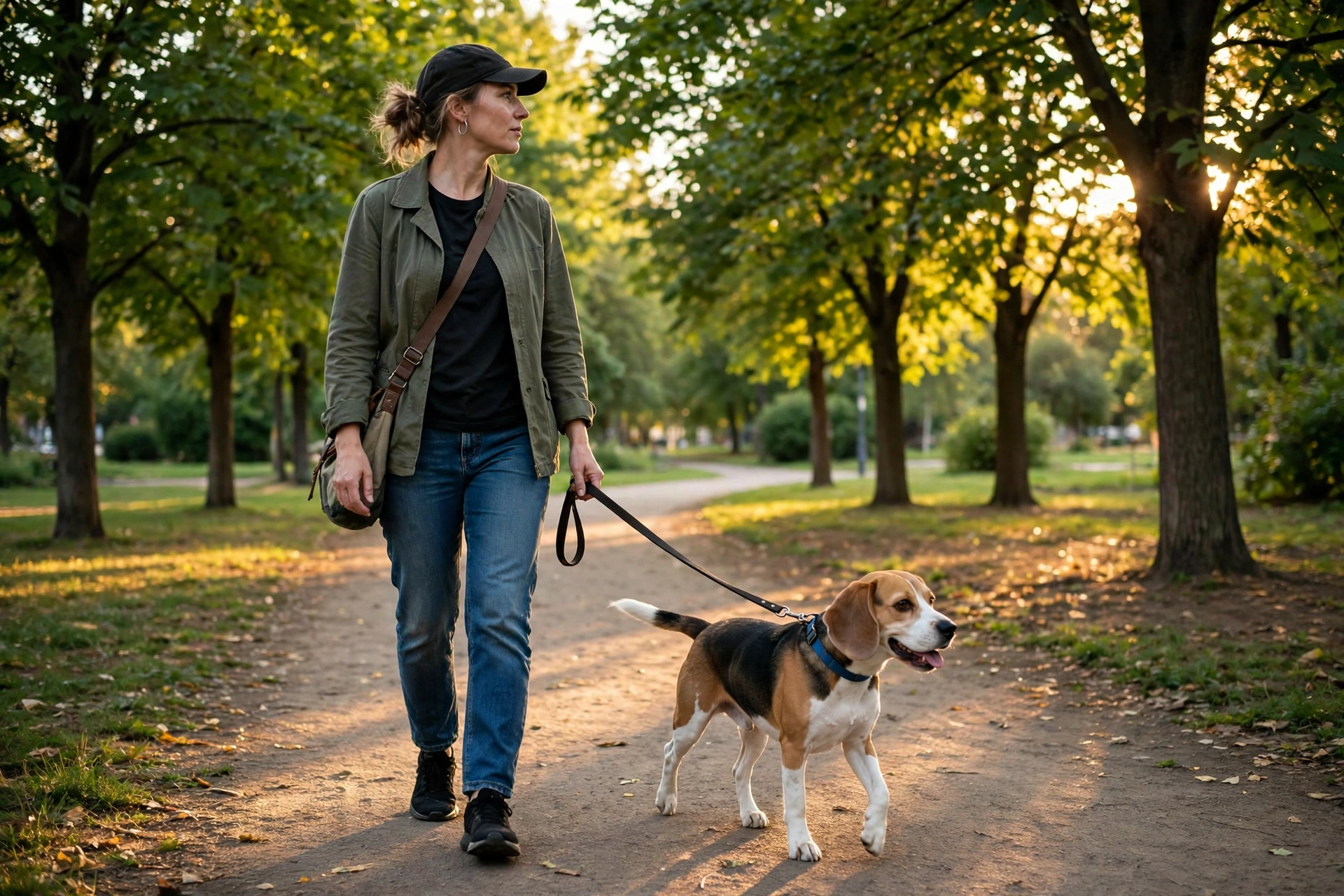 Owner walking a lean healthy beagle on a leash along a park path for daily exercise