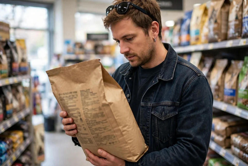 Dog owner reading the back panel of a dog food bag in a pet store aisle