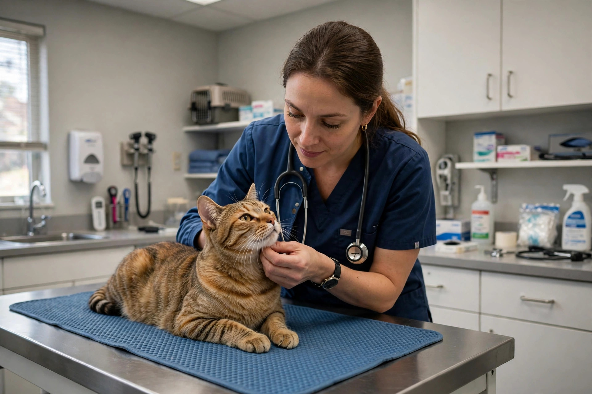 A veterinarian gently examining a tabby cat on an exam table in a veterinary clinic