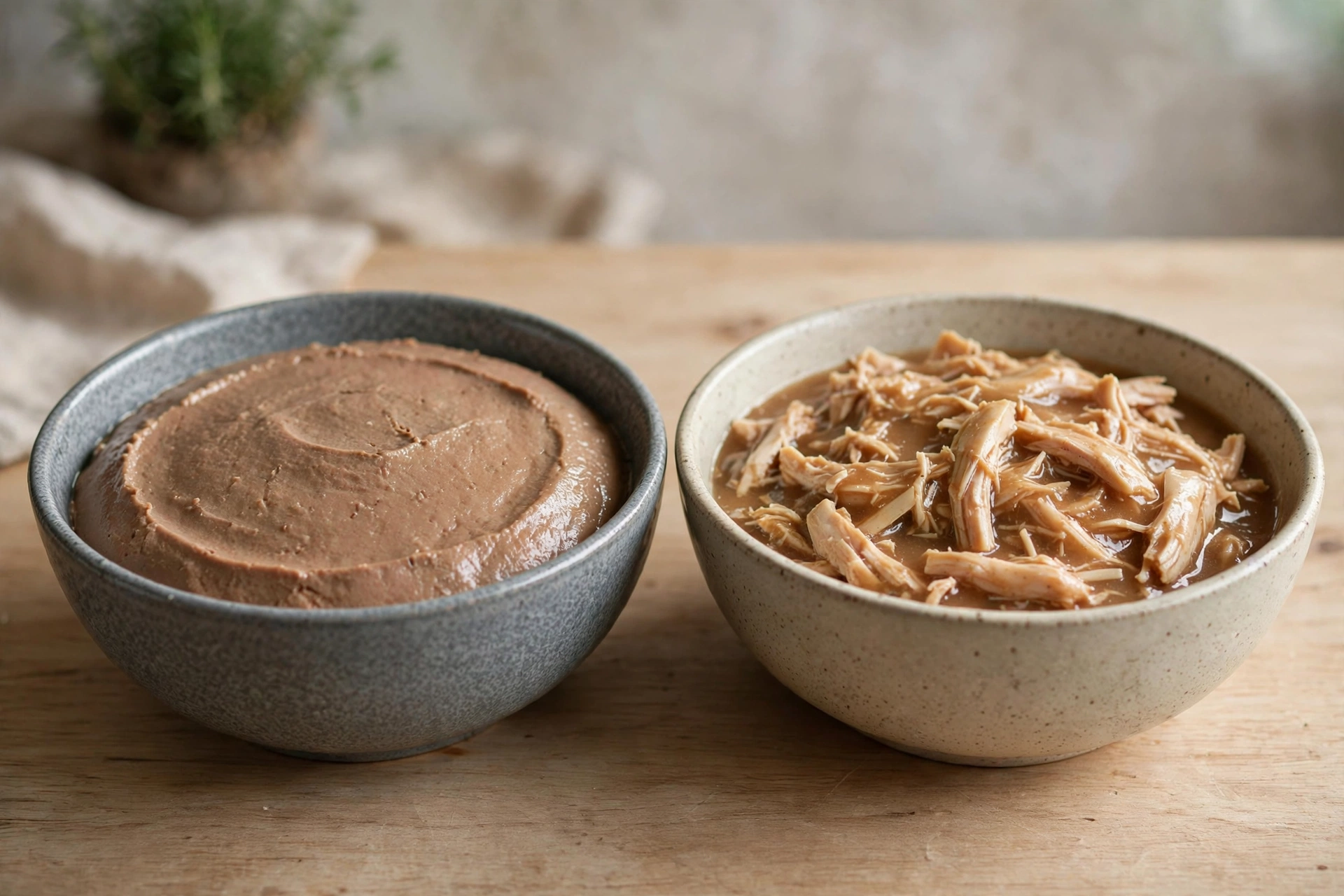 Two bowls of wet cat food side by side, one smooth pate and one shredded chicken in gravy